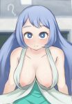  1girl :&lt; ? bangs bare_arms boku_no_hero_academia breasts chalkboard classroom cleavage closed_mouth downblouse dress green_dress hadou_nejire highres indoors large_breasts light_blue_hair light_blush long_hair looking_at_viewer nipples sidelocks sleeveless sleeveless_dress solo very_long_hair ysp6608 