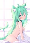  1girl ;o absurdres ahoge animal_ear_fluff animal_ears bangs bed_sheet black_collar blurry blurry_background blush breasts cat_ears cat_girl cat_tail collar depth_of_field eyebrows_visible_through_hair fang green_hair hair_between_eyes hand_up highres long_hair looking_at_viewer mikaze_oto nude one_eye_closed original parted_lips sleepy small_breasts solo tail tail_raised very_long_hair waking_up window 