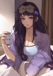  1girl breasts can cleavage collarbone collared_shirt commentary english_commentary genshin_impact highres holding holding_can indoors long_hair long_sleeves lumiphi mole mole_under_eye open_clothes open_shirt parted_lips purple_eyes purple_hair purple_shirt raiden_shogun shirt sidelocks sitting sleep_mask solo white_shirt 