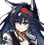  1girl :3 animal_ears arknights bangs black_hair blaze_(arknights) blue_eyes cat_ears cat_girl close-up closed_mouth exion_(neon) hair_between_eyes headband highres jacket long_hair looking_to_the_side portrait simple_background solo white_background white_jacket 