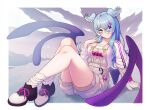  1girl blue_eyes blue_hair cloud collarbone elira_pendora gloves hair_ornament hair_over_one_eye hairclip head_wings highres long_hair nijisanji nijisanji_en overalls poifuru shoes single_glove sitting smile sneakers socks solo sweater virtual_youtuber wings 