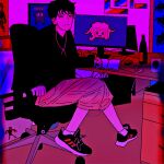  abon absurdres anh_konge black_hair blue_background computer highres night pixel_art room screencap shoes sitting 