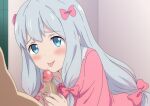  1boy 1girl absurdres blue_eyes blush bow clothed_female_nude_male eromanga_sensei hara_(harayutaka) hetero highres izumi_sagiri long_hair naughty_face nude pajamas penis penis_grab pink_bow saliva saliva_trail silver_hair tongue 