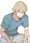  1boy absurdres ace_of_diamond aqua_shirt blonde_hair blue_eyes grey_pants highres lower_teeth male_focus okumura_koushuu open_mouth pants shirt short_hair short_sleeves simple_background sitting solo sweat sweatdrop teeth white_background xkftc737 