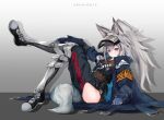  1girl absurdres animal_ears arknights armband armor asumi_maboroshi bangs blue_coat blue_pants breasts brown_shirt coat copyright_name flat_chest full_body gauntlets gloves grani_(arknights) greaves grey_eyes grey_footwear grey_gloves grey_hair highres hip_vent horse_ears horse_girl horse_tail leg_up long_hair looking_at_viewer multiple_straps open_clothes open_coat pants police police_uniform ponytail popped_collar shirt shoes shoulder_guard silver_hair sitting small_breasts sneakers solo tail uniform visor_cap 