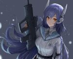  1girl absurdres assault_rifle badge blue_hair blue_ribbon breasts bullpup chan1moon collared_jacket eyebrows_visible_through_hair girls&#039;_frontline grey_background gun hair_between_eyes hexagram highres imi_tavor_tar-21 jacket leotard long_hair long_sleeves looking_at_viewer medium_breasts neck_ribbon red_eyes ribbon rifle robot_ears smile solo star_of_david tar-21_(girls&#039;_frontline) upper_body very_long_hair weapon white_jacket white_leotard 