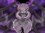  1boy ant antennae blurry bug commentary durant dynamax gen_5_pokemon giant highres kosaburou looking_down mandibles outdoors pokemon pokemon_(creature) pokemon_(game) pokemon_swsh red_eyes silhouette sky smoke victor_(pokemon) 