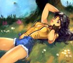  1girl :p black_hair blue_shorts breasts denim denim_shorts flower gloves goggles goggles_on_head grass katsuragi_misato long_hair looking_at_viewer lying neon_genesis_evangelion open_clothes open_fly open_shirt open_shorts optionaltypo outdoors short_sleeves shorts signature solo tongue tongue_out tree unzipped water 