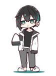  1boy :o animal_slippers bangs black_hair black_shirt blush collarbone colored_shadow commentary_request ear_piercing earrings eyebrows_visible_through_hair full_body green_eyes green_hair grey_pants hair_between_eyes highres hitomiz jacket jewelry long_sleeves looking_at_viewer male_focus mayuzumi_kai multicolored_hair nijisanji open_clothes open_jacket pants parted_lips piercing shadow shirt sleeves_past_fingers sleeves_past_wrists slippers solo standing streaked_hair virtual_youtuber white_background white_footwear white_jacket 
