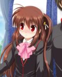  1boy 1girl black_jacket blazer brother_and_sister brown_hair bus_interior commentary_request highres ikeda_jun_(aquaqua) jacket little_busters! long_hair looking_to_the_side natsume_rin pink_neckwear ponytail red_eyes school_uniform siblings sitting solo_focus upper_body window 
