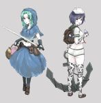  2girls anchor anchor_print animal_print ass backpack bag bangs basket black_eyes black_gloves black_hair black_legwear blue_capelet blue_hair blue_skirt blush bottle breasts brown_footwear capelet closed_mouth colored_skin commentary_request cookie_(touhou) cow_print eyebrows_visible_through_hair fingerless_gloves flour flour_(cookie) full_body gloves grey_background hat highres holding holding_basket holding_bottle holding_sword holding_weapon hood hood_up jewelry kumoi_ichirin looking_at_viewer looking_back medium_breasts medium_hair midriff milk milk_(cookie) milk_bottle multiple_girls murasa_minamitsu navel necklace open_mouth print_gloves print_legwear sailor_collar sailor_hat sailor_shirt shirt short_hair simple_background skirt small_breasts smile socks standing sword touhou weapon white_legwear white_skin yma 