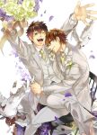  2boys ace_of_diamond arms_up bird blush bouquet brown_eyes brown_hair couple dove falling_petals flower formal glasses groom holding holding_bouquet husband_and_husband love_letter male_focus miyuki_kazuya multiple_boys open_mouth petals purple_flower rose sawamura_eijun shibakitsu_0121 short_hair sideburns sitting sitting_on_person smile suit teeth wedding white_suit yaoi yellow_flower yellow_rose 