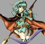  1girl aqua_eyes aqua_hair armor belt brown_gloves cape cosplay earrings eirika_(fire_emblem) ephraim_(fire_emblem) ephraim_(fire_emblem)_(cosplay) eyebrows_visible_through_hair fire_emblem fire_emblem:_the_sacred_stones fire_emblem_heroes gloves grey_background holding holding_lance holding_polearm holding_weapon jewelry lance long_hair looking_at_viewer open_mouth polearm polearm_behind_back ponytail shoulder_armor sidelocks skirt solo tankei_fm thighhighs weapon 