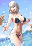  1girl bangs bare_shoulders beach bikini black_bikini blue_sky blush breasts cleavage collarbone eden_grenze grey_hair jewelry kageshio_(276006) large_breasts looking_at_viewer navel necklace ocean one_eye_closed open_mouth short_hair silver_(eden) sky smile swimsuit thighs wading 