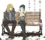  2boys 6_9 atouda_ako_(character) bangs beanie bench black_footwear black_jacket black_pants blonde_hair boots brown_coat brown_footwear closed_mouth coat commentary_request cookie_(touhou) full_body green_headwear grey_shirt hat hazuna_rio holding jacket kirisame_marisa knee_boots long_hair long_sleeves looking_at_another male_focus multiple_boys pants shirt sitting smile snow snowflakes touhou yellow_eyes yma 