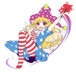  1girl american_flag_dress american_flag_legwear blonde_hair blush caramell0501 clownpiece dress eyebrows_visible_through_hair fairy fairy_wings frilled_shirt_collar frills full_body hat highres jester_cap long_hair neck_ruff open_mouth pantyhose polka_dot_headwear purple_eyes simple_background star_(symbol) star_print torch touhou unfinished v very_long_hair wings 