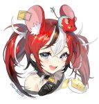  1girl :d absurdres animal_ears bare_shoulders black_choker black_gloves blue_eyes cheese choker earrings extra_ears food gloves hakos_baelz highres hololive hololive_english jewelry long_hair looking_at_viewer mouse mouse_ears mousetrap mr._squeaks_(hakos_baelz) multicolored_hair off_shoulder open_mouth portrait red_hair sharp_teeth sidelocks simple_background smile solo soyoong_jun spiked_choker spikes streaked_hair teeth twintails two-tone_hair virtual_youtuber white_background 