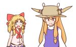  2girls bangs blonde_hair bow brown_headwear closed_mouth cosplay costume_switch empty_eyes eyebrows_visible_through_hair hair_bow hat horn_ornament horn_ribbon horns ibuki_suika ibuki_suika_(cosplay) long_hair long_sleeves looking_at_another looking_at_viewer low-tied_long_hair mizusoba moriya_suwako moriya_suwako_(cosplay) multiple_girls open_mouth orange_hair purple_ribbon purple_vest red_bow red_eyes red_neckwear ribbon short_hair sidelocks simple_background smile torn_clothes torn_hat torn_sleeves touhou turtleneck upper_body vest white_background wide_sleeves 