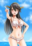 1girl absurdres bikini black_hair breasts brown_hair cleavage commentary_request contrapposto cowboy_shot frilled_bikini frills grey_hair hair_ornament hairband hairclip haruna_(kancolle) headgear highres kantai_collection looking_at_viewer medium_breasts navel ocean one_eye_closed pointing skypixter smile solo swimsuit white_bikini 