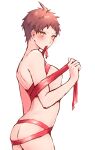  1boy ahoge amido_(compassion273) ass bangs blush brown_eyes brown_hair commentary cowboy_shot danganronpa_(series) danganronpa_2:_goodbye_despair from_side hand_up highres hinata_hajime looking_at_viewer mouth_hold naked_ribbon pectorals red_ribbon ribbon short_hair simple_background skindentation solo sweatdrop symbol-only_commentary white_background 