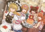  4girls alice_margatroid apron ascot bangs black_headwear black_vest blonde_hair blue_dress blue_skirt bow braid breasts brown_eyes brown_hair buttons cake capelet chair chandelier closed_mouth collared_capelet commentary_request cookie cookie_(touhou) cowboy_shot cup day decorating detached_sleeves dress dutch_angle eyebrows_visible_through_hair food fork frilled_apron frills fruit hair_between_eyes hair_bow hairband hakurei_reimu hat hat_bow hinase_(cookie) holding holding_fork holding_knife ibuki_suika icing indoors kirisame_marisa knife large_breasts long_hair looking_at_another looking_down medium_hair multiple_girls open_mouth orange_hair pancake pie pink_hairband plate puffy_short_sleeves puffy_sleeves purple_bow red_bow red_eyes red_shirt reu_(cookie) ribbon-trimmed_sleeves ribbon_trim saucer shirt short_sleeves side_braid single_braid skirt sleeveless sleeveless_shirt small_breasts smile strawberry sunset table teacup teapot touhou uzuki_(cookie) vest white_apron white_bow white_capelet white_shirt white_sleeves witch_hat yamin_(cookie) yellow_eyes yellow_neckwear yma 