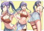  1girl bare_arms bare_shoulders bikini blue_eyes blue_hair blue_sarong blush breasts brown_bikini cleavage collarbone eyebrows_visible_through_hair flower gotland_(kancolle) hair_between_eyes hair_flower hair_ornament jewelry kantai_collection long_hair medium_breasts mole mole_under_eye multiple_views navel necklace one_eye_closed open_mouth purple_flower sarong smile sparkle swimsuit tantaka twitter_username 