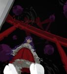  1girl bangs closed_mouth hair_tubes hakurei_reimu hakurei_reimu_(pc-98) highres japanese_clothes kaigen_1025 long_hair long_skirt long_sleeves miko purple_eyes purple_hair red_skirt reflection reflective_water skirt standing tabi torii touhou touhou_(pc-98) very_long_hair white_legwear wide_sleeves 