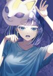  1girl artist_request bangs blue_shirt blunt_bangs cat_mask collarbone commentary light_blue_eyes looking_at_viewer mask open_mouth paw_pose phony_(cevio) purple_hair shirt short_hair short_sleeves solo t-shirt upper_body 