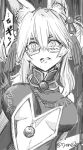  1girl animal_ear_fluff animal_ears bangs bell breasts center_opening china_dress chinese_clothes clenched_teeth double_bun dress fate/grand_order fate_(series) fox_ears fox_girl glasses greyscale hair_between_eyes jingle_bell koyanskaya_(fate) large_breasts long_hair looking_at_viewer monochrome sidelocks sleeveless sleeveless_dress solo tamamo_(fate) tassel teeth tyone underboob 