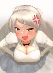  1girl anger_vein arugou breasts brown_eyes cleavage commentary_request conte_di_cavour_(kancolle) cowboy_shot dress highres kantai_collection large_breasts layered_dress leaning_forward looking_at_viewer open_mouth silver_hair solo teeth two_side_up white_dress 