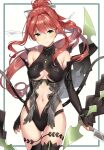  1girl arm_at_side ass_visible_through_thighs bangs bare_shoulders black_gloves black_legwear blush bow breasts butcher_knife cleavage cleavage_cutout closed_mouth clothing_cutout commentary_request cosplay cowboy_shot doki_doki_literature_club elbow_gloves eyebrows_visible_through_hair fingerless_gloves fire_emblem fire_emblem:_three_houses gloves green_eyes hair_bow hair_intakes haru_(nakajou-28) high_ponytail highres holding holding_knife knife kronya_(fire_emblem) kronya_(fire_emblem)_(cosplay) long_hair looking_at_viewer medium_breasts monika_(doki_doki_literature_club) navel navel_cutout red_hair simple_background smile solo thigh_gap thigh_strap thighhighs very_long_hair white_background white_bow 