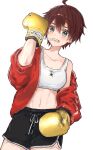  1girl ahoge black_shorts blue_eyes boxing_gloves brown_hair clenched_teeth collarbone commentary cowboy_shot crop_top gym_shorts hand_up highres jacket long_sleeves looking_at_viewer midriff nanaponi off_shoulder ousumi_mamiya parted_lips red_jacket sakura_kakumei short_hair shorts simple_background sleeves_rolled_up solo star_(symbol) string_in_mouth tank_top teeth tomboy white_background white_tank_top 