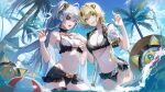  2girls alchemy_stars ball bangs beachball bikini black_bikini blonde_hair breasts buri_(retty9349) cleavage cross eicy_(alchemy_stars) eyepatch hair_between_eyes hand_on_own_chest highres holding_another&#039;s_arm long_hair medium_breasts multiple_girls navel official_alternate_costume open_mouth palm_tree short_hair side_ponytail sky smile swimsuit tree vice_(alchemy_stars) water wet white_hair yellow_eyes 