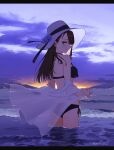  1girl angelica_(gunslinger_girl) asymmetrical_bangs bangs bare_shoulders bikini black_bikini blunt_ends breasts clothes_pull cloud cloudy_sky cowboy_shot floating_clothes flower_hat girls&#039;_frontline gunslinger_girl halterneck hat highres letterboxed light_smile looking_at_viewer looking_back mitsusaka_mitsumi ocean outdoors profile shirt shirt_pull side-tie_bikini sky small_breasts solo straight_hair sun_hat sunset swimsuit wading waves white_shirt 