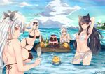  4girls absurdres adapted_costume alcohol animal_ears armpits arms_behind_head artist_name atago_(azur_lane) atago_(midsummer_march)_(azur_lane) azur_lane belfast_(azur_lane) bikini black_bikini black_choker black_hair black_ribbon breasts cake champagne champagne_flute choker cleavage cloud cup drinking_glass extra_ears eyewear_on_head flag_print flower food frilled_hairband frills german_flag_bikini hair_flower hair_ornament hair_ribbon hairband halterneck heart heart-shaped_eyewear highres huge_filesize kitsun8 large_breasts light_purple_hair long_hair looking_at_viewer looking_back maid_headdress manjuu_(azur_lane) mole mole_under_eye multicolored_hair multiple_girls o-ring o-ring_bikini o-ring_top official_alternate_costume orange_eyes outdoors pink-framed_eyewear pink_flower prinz_eugen_(azur_lane) prinz_eugen_(unfading_smile)_(azur_lane) purple_eyes red_eyes red_hair ribbon sarong scrunchie see-through_sarong short_hair sirius_(azur_lane) sirius_(midsummer_seirios)_(azur_lane) streaked_hair string_bikini striped_innertube sunglasses swimsuit two-tone_hair very_long_hair wading water white_bikini white_choker white_hair white_sarong white_scrunchie white_swimsuit wrist_scrunchie yellow_eyes 