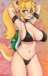 1girl absurdres armlet armpits arms_up artist_name bikini blonde_hair blue_eyes bowsette breasts chronosth1 fang fang_out highres horns large_breasts light_smile lipstick long_hair looking_at_viewer makeup mario_(series) navel o-ring ponytail princess_king_boo self_upload shell solo spiked_armlet spiked_shell super_crown swimsuit tail 