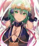  1girl armpits arms_up blue_dress braid breasts brown_gloves byleth_(fire_emblem) byleth_(fire_emblem)_(female) cleavage closed_mouth cosplay dress elbow_gloves fire_emblem fire_emblem:_three_houses gloves green_eyes green_hair hair_ribbon haru_(nakajou-28) headpiece highres large_breasts long_hair looking_at_viewer red_ribbon ribbon simple_background smile solo sothis_(fire_emblem) sothis_(fire_emblem)_(cosplay) twin_braids upper_body white_background white_ribbon 