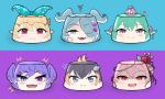  6+girls :&gt; :3 :d anger_vein black_hair blonde_hair blue_background blue_bow blue_eyes blue_hairband blush bow closed_mouth crown earrings elira_pendora evil_smile fangs finana_ryugu fish_hair_ornament flower food foodification hair_bow hair_flower hair_ornament hair_over_one_eye hairband hairclip head_fins head_wings heterochromia jewelry looking_at_viewer multicolored_hair multiple_girls nijisanji nijisanji_en one_eye_covered open_mouth petra_gurin pink_hair plant pointy_ears pomu_rainpuff psychooorb pudding purple_background purple_eyes purple_hair red_eyes red_flower red_rose rose rosemi_lovelock selen_tatsuki shaded_face simple_background slit_pupils smile tears thorns two-tone_background two-tone_hair vines virtual_youtuber 