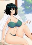  1girl absurdres artist_name black_hair bra breasts chronosth1 cup feet_out_of_frame fubuki_(one-punch_man) fur_coat green_bra green_eyes green_panties highres holding holding_cup large_breasts nail_polish navel one-punch_man panties rain self_upload short_hair sitting smile solo thighs tree underwear 