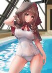  1girl bangs blush braid breasts brown_eyes brown_hair capelet cleavage closed_mouth empty_eyes eyebrows_visible_through_hair hair_ribbon hand_in_hair highres hood hood_up hooded_capelet indoors k_jie kantai_collection large_breasts long_hair one-piece_swimsuit pool red_ribbon rei_no_pool ribbon shinshuu_maru_(kancolle) solo sparkle swimsuit twin_braids water wet white_swimsuit window 