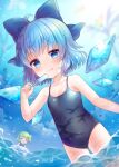 2girls :d black_swimsuit blue_bow blue_eyes blue_hair blush bow cirno closed_eyes closed_mouth daiyousei eyebrows_visible_through_hair fairy food green_hair hair_bow heart holding holding_food ice ice_wings innertube long_hair multiple_girls one-piece_swimsuit open_mouth pjrmhm_coa popsicle short_hair side_ponytail smile solo_focus swimsuit tongue tongue_out touhou water wet wet_clothes wet_swimsuit wings 