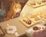  1girl 2others :o absurdres animal_ears arknights bakery black_jacket brown_hair cake cake_slice ceobe_(arknights) chinese_commentary doctor_(arknights) dog_ears doughnut food highres holding_tongs holding_wallet hot_dog indoors jacket long_hair macaron mixed-language_commentary multiple_others red_eyes rlonely_zhuazi shop solo_focus tongs tray upper_body weapon weapon_on_back 