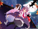  2girls animal_ears autumn_leaves barefoot black_legwear breasts brown_eyes brown_hair carrot_necklace cloud crescent crescent_pin crossed_arms dress eyebrows_visible_through_hair hair_between_eyes highres inaba_tewi large_breasts light_purple_hair long_hair long_sleeves looking_at_viewer machimura_komori moon multiple_girls necktie on_roof pink_dress pleated_skirt puffy_short_sleeves puffy_sleeves rabbit_ears red_neckwear reisen_udongein_inaba second-party_source shirt short_sleeves skirt touhou white_shirt 