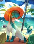  azurill beach_umbrella blush cloud commentary_request day eating food gen_2_pokemon gen_3_pokemon gen_4_pokemon gen_7_pokemon glaceon green_eyes hatted_pokemon highres looking_to_the_side marill mouth_hold orange_headwear outdoors pokemon pokemon_(creature) popsicle popsicle_stick purobe pyukumuku sky standing toes umbrella wailord 