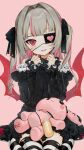  1girl :3 :d bangs bare_shoulders black_dress black_eyepatch black_ribbon blush blush_stickers commentary_request dress eyebrows_visible_through_hair eyepatch frills gotou_(nekocat) hair_intakes hair_ribbon hands_up heart heart_print highres lolita_fashion long_hair long_sleeves looking_at_viewer makaino_ririmu multicolored_hair nijisanji open_mouth pink_background pointy_ears red_eyes ribbon sitting smile solo striped striped_legwear stuffed_animal stuffed_bunny stuffed_toy thighhighs translation_request virtual_youtuber 