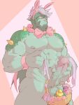  1boy abs agatio_(golden_sun) animal_ears bara basket bow bowtie colored_skin dragon_boy easter easter_egg egg erection fake_animal_ears forehead_protector golden_sun green_skin grey_hair highres large_pectorals large_penis male_focus male_masturbation masturbation mature_male monster_boy muscular muscular_male navel nipples nude pectorals penis piikeisandaa pointy_ears rabbit_ears scales short_hair solo spikes stomach thick_eyebrows thick_thighs thighs uncensored unfinished veins veiny_penis 