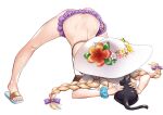  1girl :o @ichigo ass back bag bandaid bandaid_on_knee bandaid_on_leg bare_legs bikini black_cat blonde_hair blue_scrunchie bow braid bridal_garter butt_crack cat chestnut_mouth feet flower frilled_bikini frills full_body hair_bow handbag hands_on_ground hat hat_flower hibiscus highres jack-o'_challenge little_witch_nobeta long_hair nobeta official_alternate_costume official_art parted_lips phyllis_(cat)_(little_witch_nobeta) phyllis_(little_witch_nobeta) purple_bikini purple_bow sandals scrunchie shaded_face simple_background solo spread_legs sun_hat swimsuit thighs toes top-down_bottom-up twin_braids twintails wet white_background white_hat wide_spread_legs wrist_scrunchie 