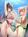  2girls arisugawa_natsuha armpits arms_behind_head arms_up bangs bare_shoulders black_hair blush breasts cleavage covered_nipples grey_eyes hair_between_eyes high_ponytail highres idolmaster idolmaster_shiny_colors kozuka_yasushi large_breasts long_hair looking_at_viewer multiple_girls navel orange_hair ponytail shirase_sakuya smile sweat swept_bangs thighs yellow_eyes 