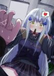  1boy 1girl absurdres assertive_female blush candy commentary_request eyebrows_visible_through_hair food girls&#039;_frontline green_eyes heart highres hk416_(girls&#039;_frontline) holding_hands long_hair long_sleeves looking_at_viewer noise pocky_day pov ryunosuke_nikaido silver_hair spoken_heart straddling sweets teardrop_facial_mark 