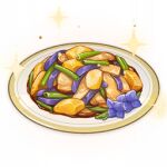  artist_request commentary english_commentary flower food food_focus genshin_impact lowres mushroom no_humans official_art plate potato purple_flower sparkle spring_onion still_life third-party_source transparent_background 